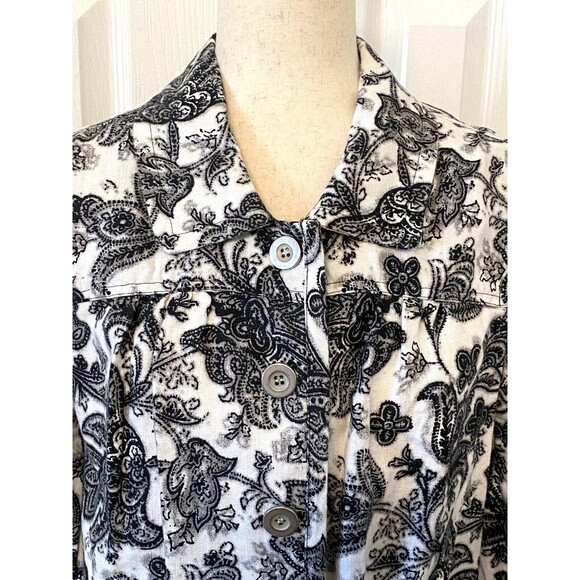 CHARTER CLUB Women's M 100% LINEN Shirt Jacket Black White Floral Paisley Button - Picture 6 of 10